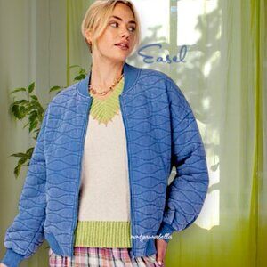 Easel Quilted Washed Denim Oversized Fit Bomber Jacket